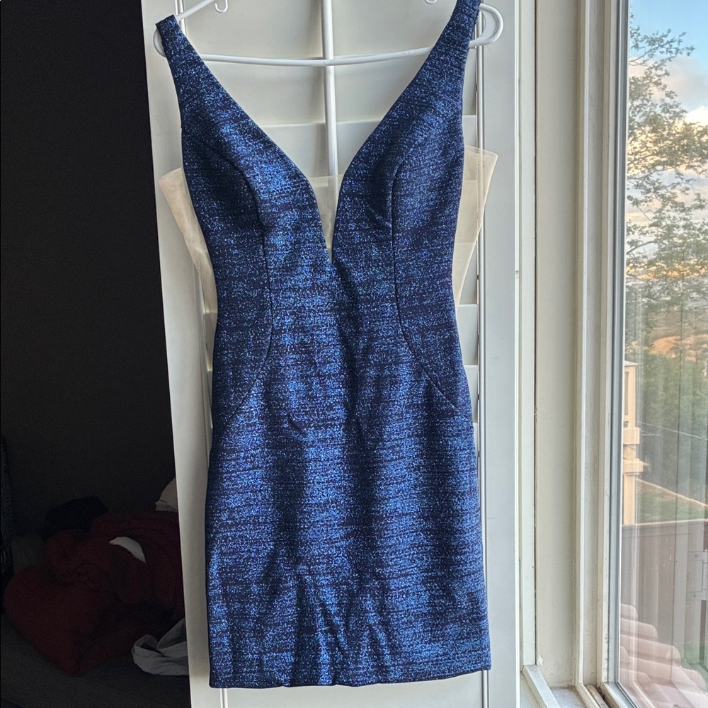 Jovani Navy Sparkle Deep V Bodycon Mini Dress
